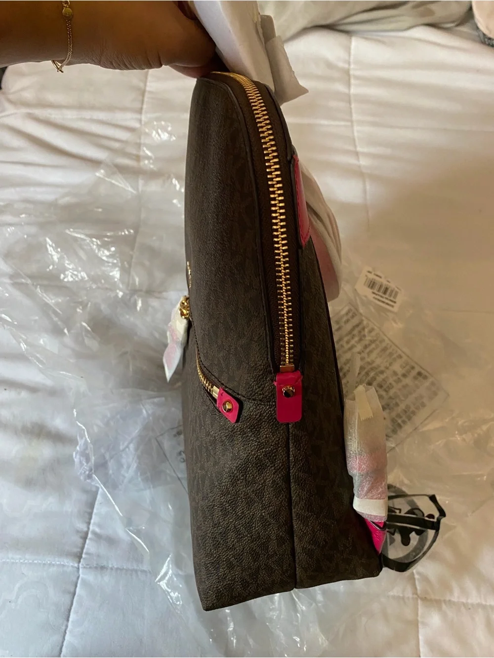 Michael Kors Brown Crossbody with Pink Trim and Gold Hardware